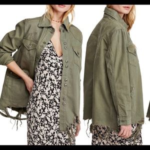 Free People Moonchild Distressed Denim Jacket / Shacket Olive Size Large